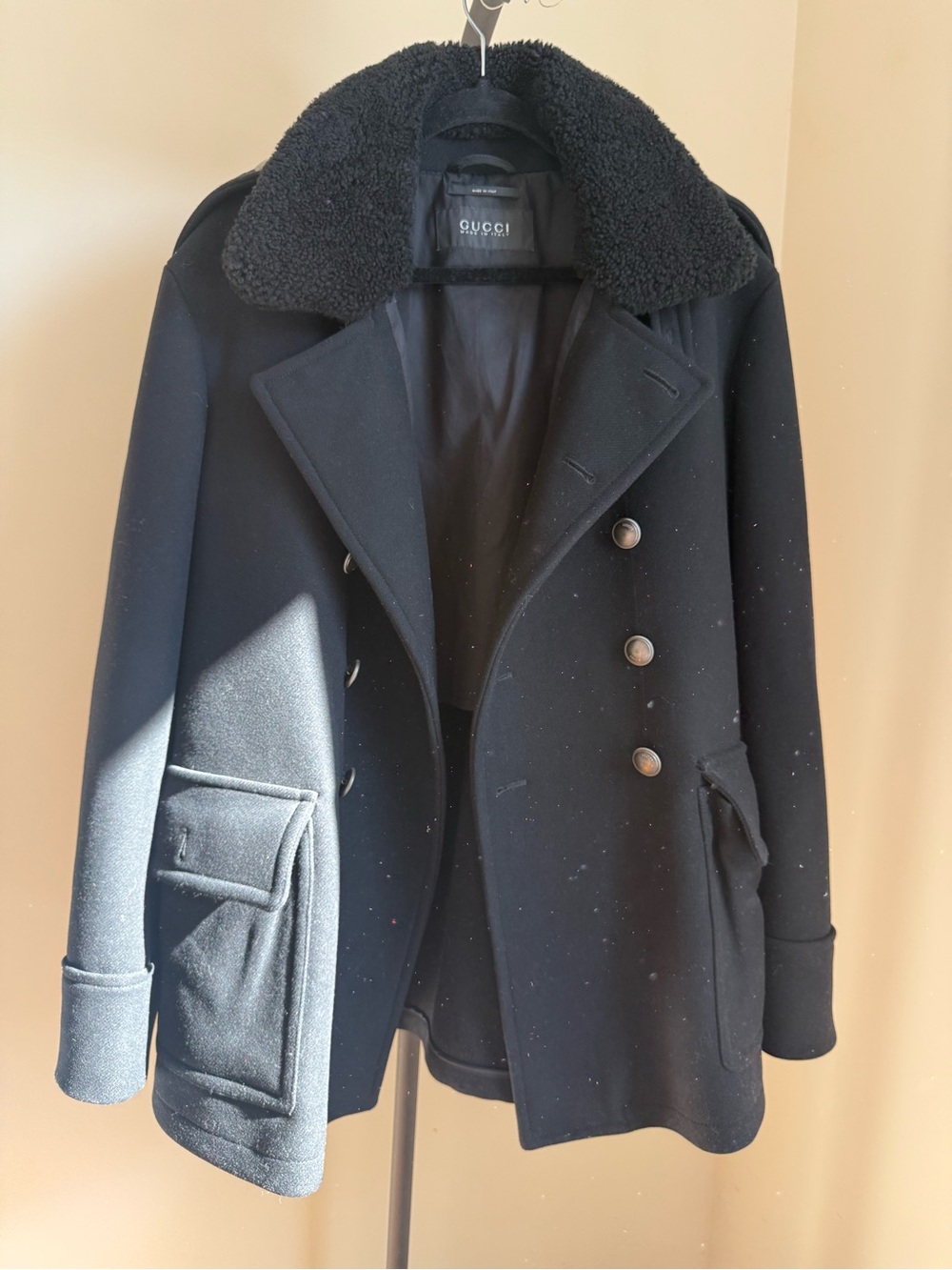 Gucci Black Wool Sherpa-Collar Pea Coat